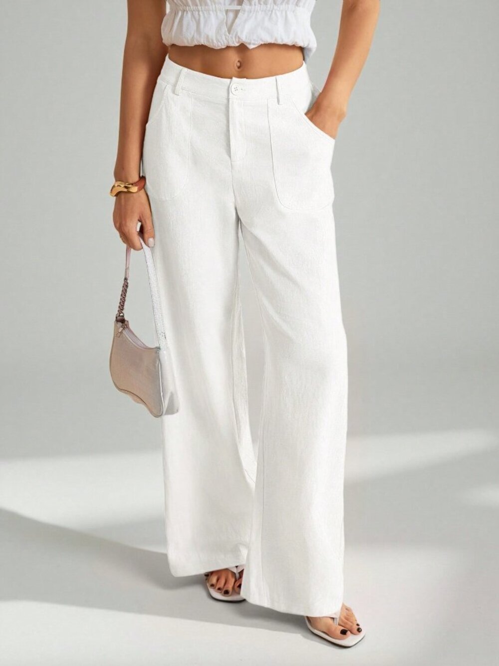 White Casual Women's Washed Low Waist Straight Pants - Picture 5 of 8